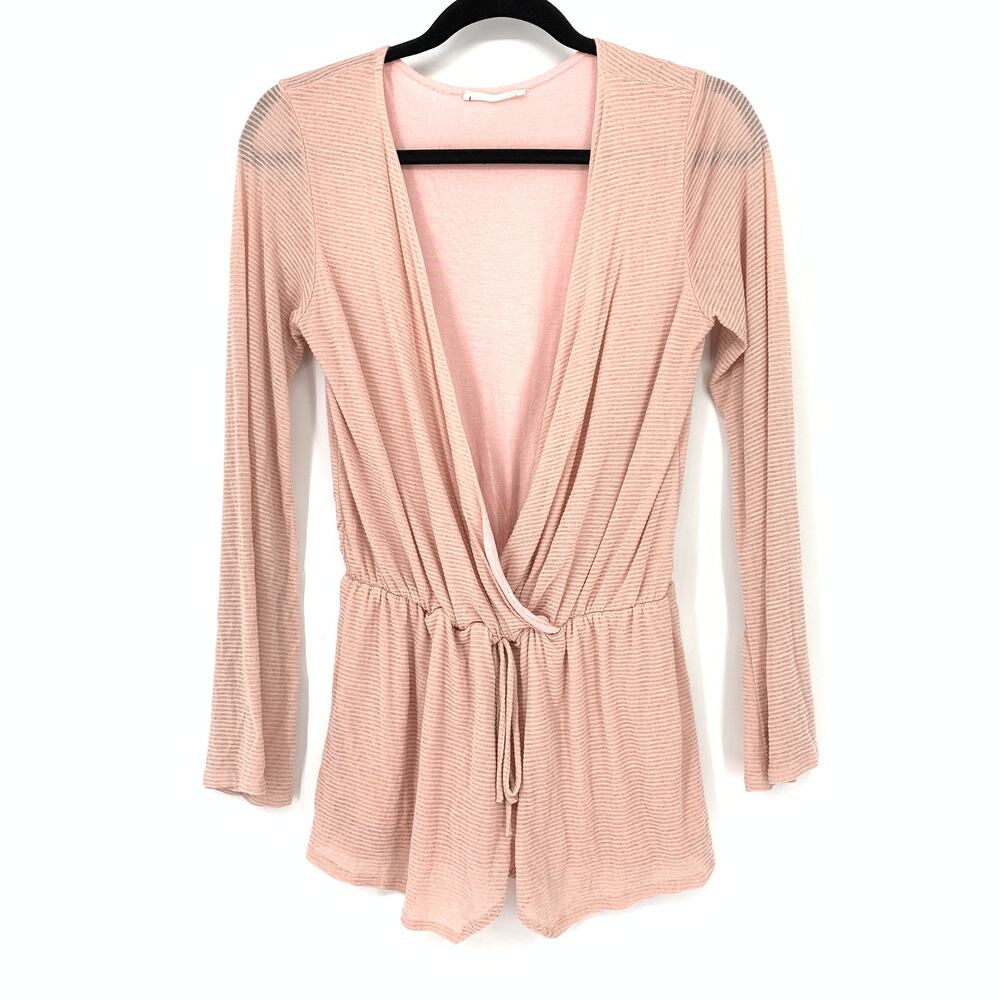 Honey Punch Size S Tie Waist Romper Plunge V-Neck Long Flare Sleeve Light Pink